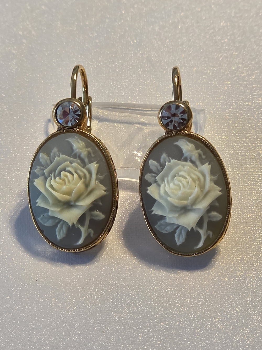Avon Gold-Tone Cameo Rose Drop Earrings - Ivory Rose on Blue Gray - Picture 5 of 10